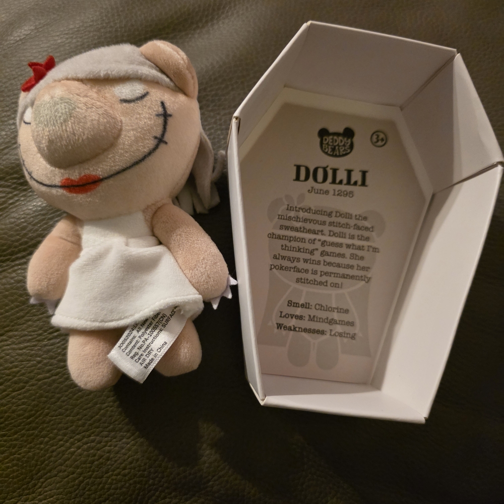 Dollcake Plush Bath Doll in White Dress with Red Hair Bow